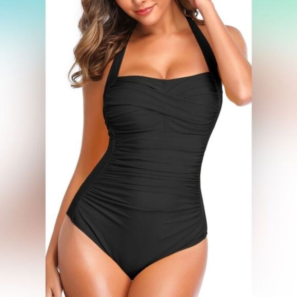 Smismivo Tummy Control Swimwear Halter One Piece Slimming Vintage Retro Swimsuit